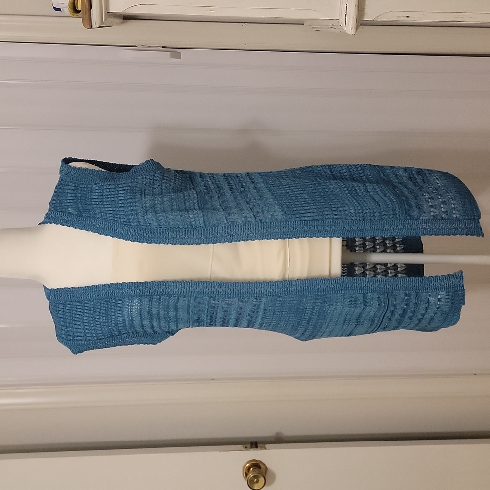Vtg Blue Open Knit Dress Vest Cardigan Sweater Long Line Sz M Fleurette